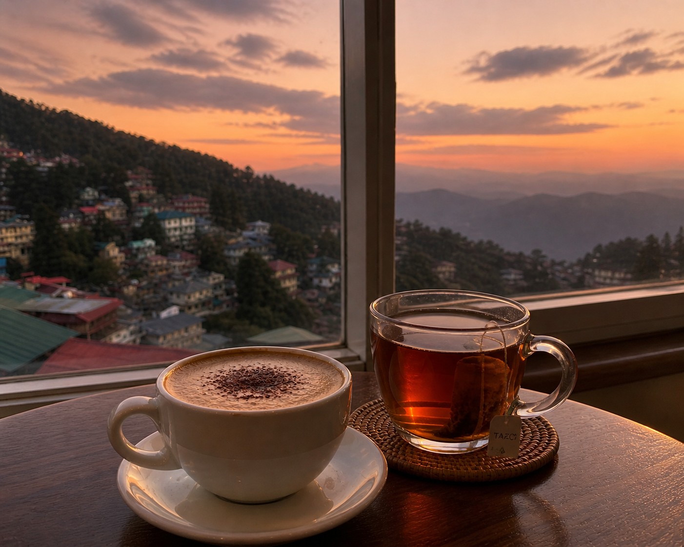 A cup of coffee and tea by the window at sunset over Shimla