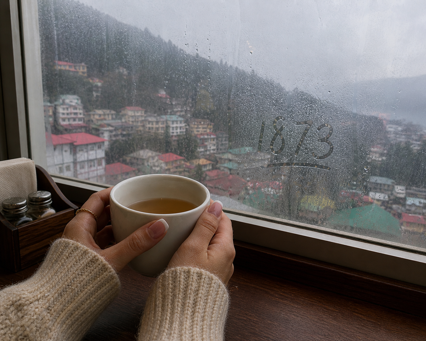 Hands holding a warm cup of tea with the year 1873 traced on a misty window overlooking Shimla