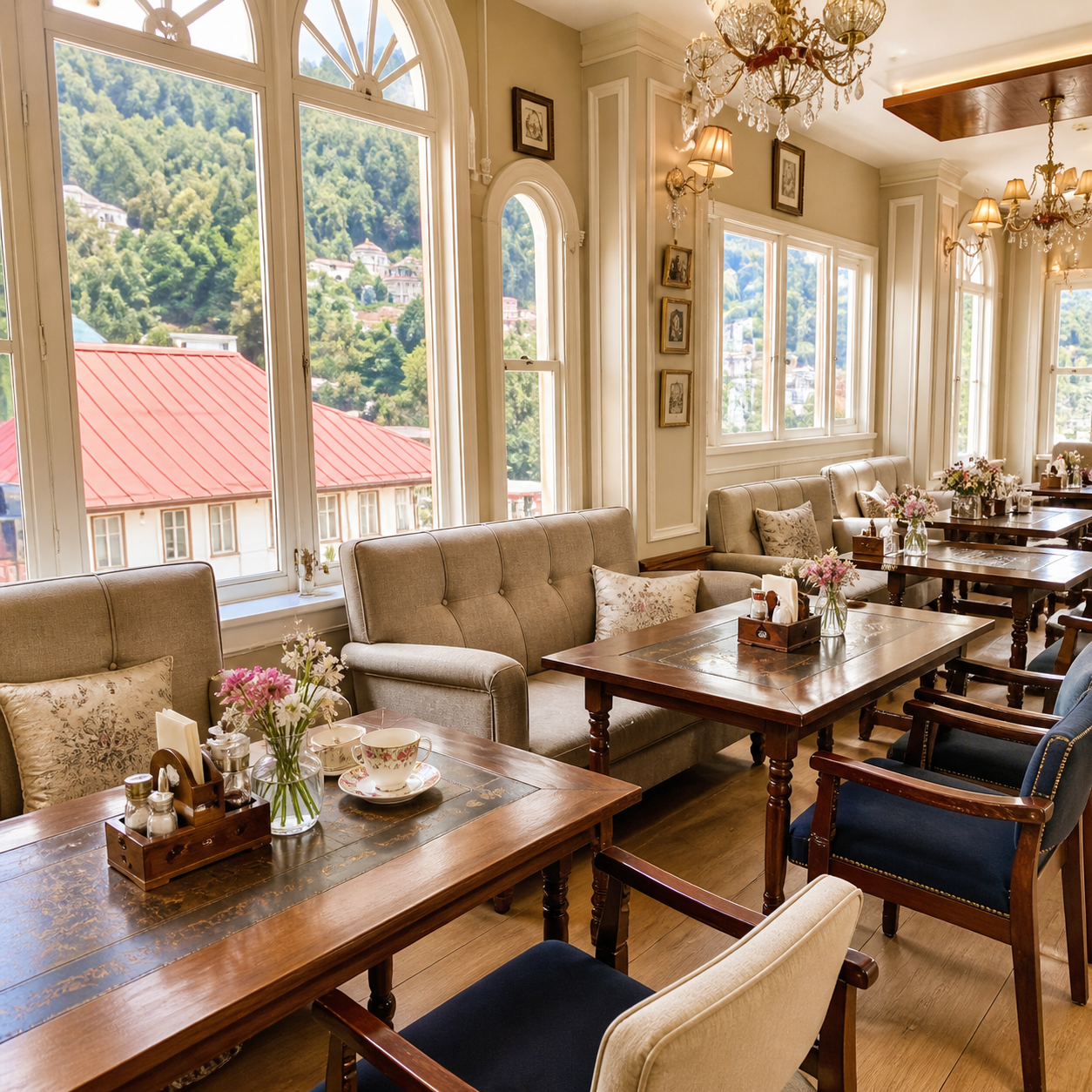 Cafe 1873 interior with arched windows overlooking Shimla